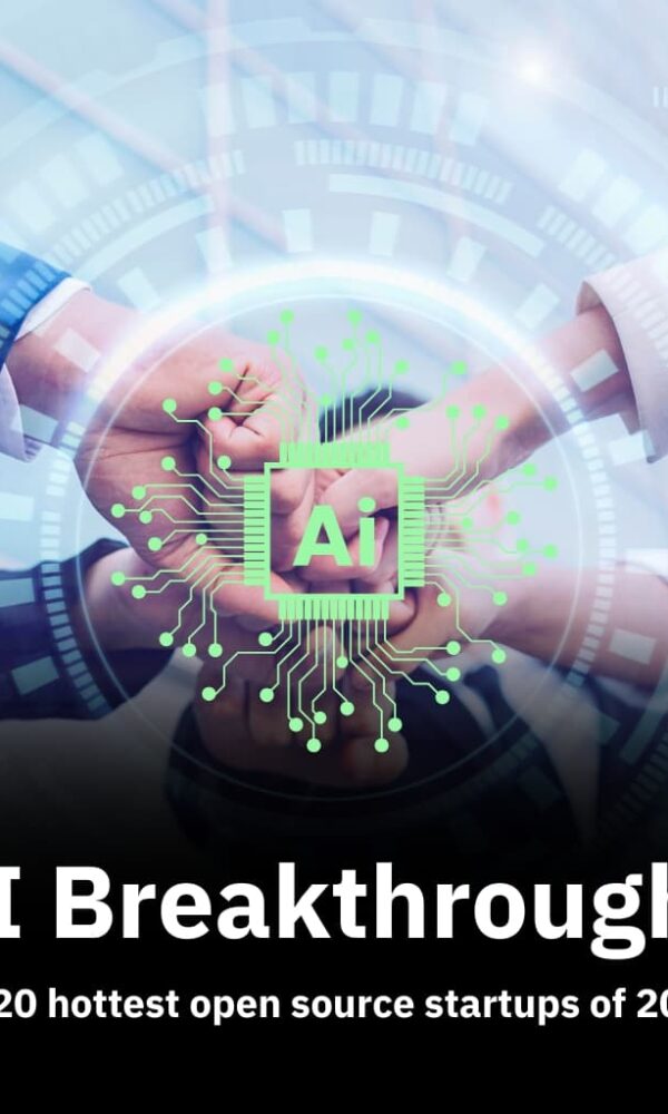 A group of diverse professionals fist-bumping in unity, overlaid with a digital graphic of a glowing AI microchip symbol, representing innovation and collaboration. Text on the image reads: "AI Breakthroughs – The 20 hottest open source startups of 2024!!