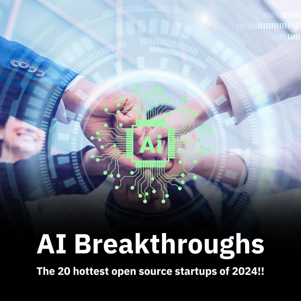 A group of diverse professionals fist-bumping in unity, overlaid with a digital graphic of a glowing AI microchip symbol, representing innovation and collaboration. Text on the image reads: "AI Breakthroughs – The 20 hottest open source startups of 2024!!