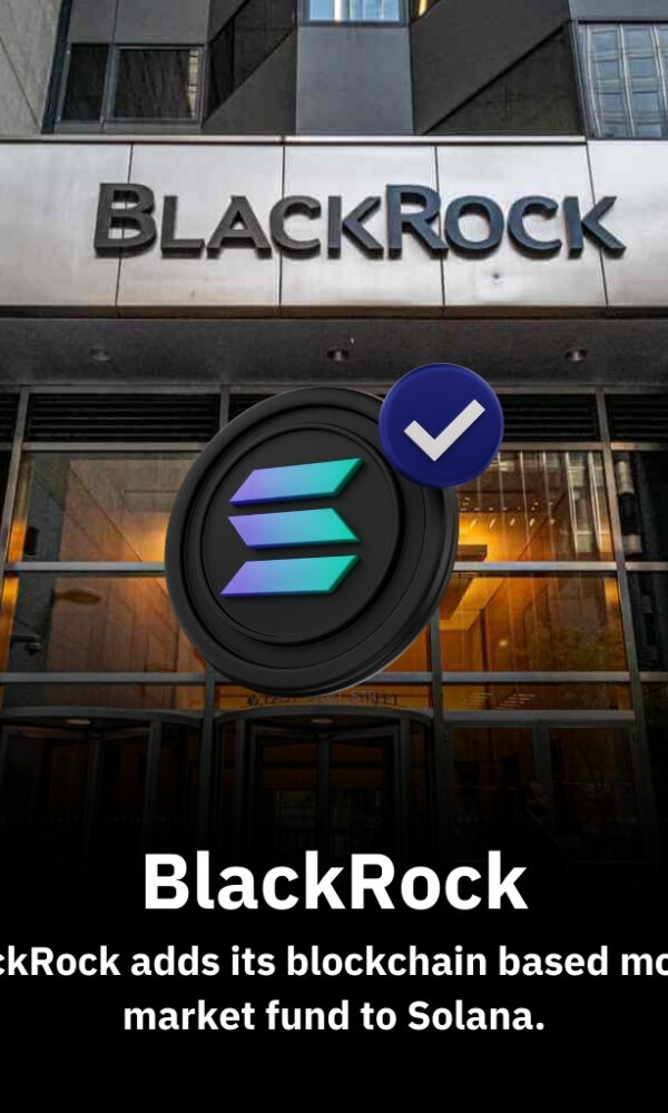 BlackRock and Solana logos connected by digital blockchain graphics, representing the integration of traditional finance with decentralized technology.