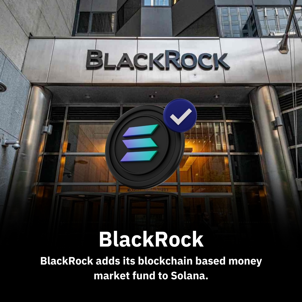 BlackRock and Solana logos connected by digital blockchain graphics, representing the integration of traditional finance with decentralized technology.