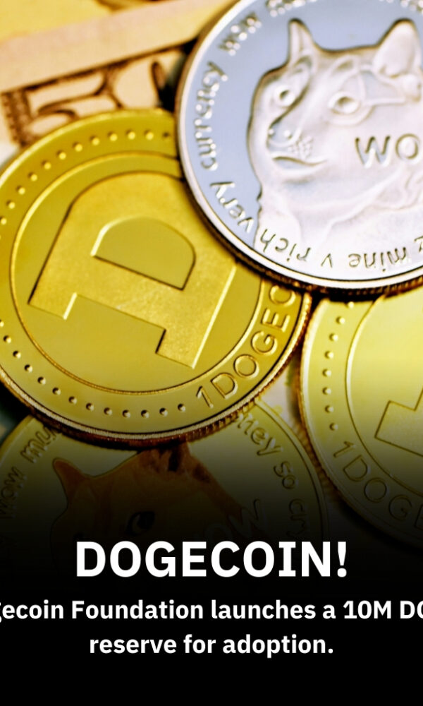 Dogecoin logo featuring the Shiba Inu mascot, with digital currency symbols and a background representing blockchain technology and global adoption.