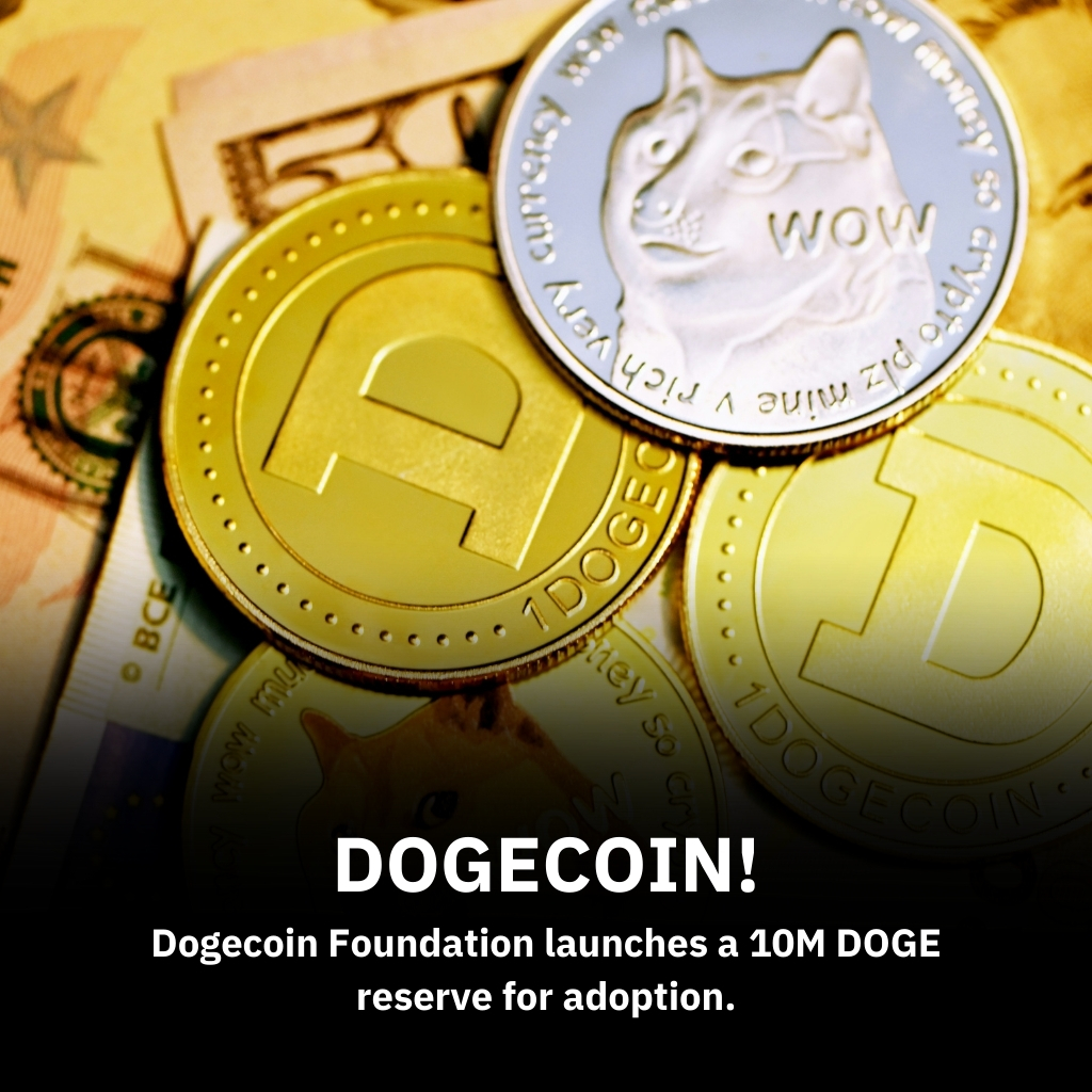 Dogecoin logo featuring the Shiba Inu mascot, with digital currency symbols and a background representing blockchain technology and global adoption.
